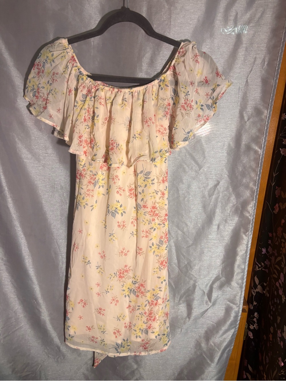 Blue Rain Cream Dress with Pink, Blue & Yellow Floral Accents